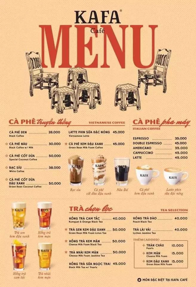 menu của thương hiệu nhượng quyền kafa café