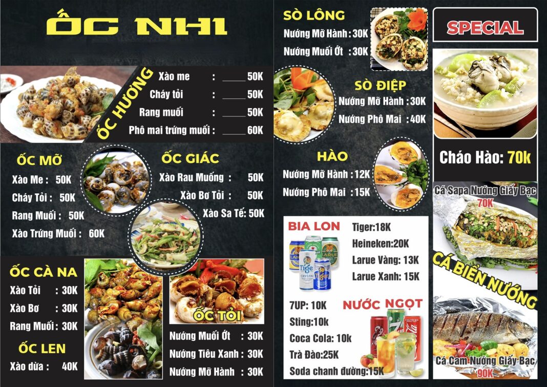 thực đơn quán ốc vỉa hè
