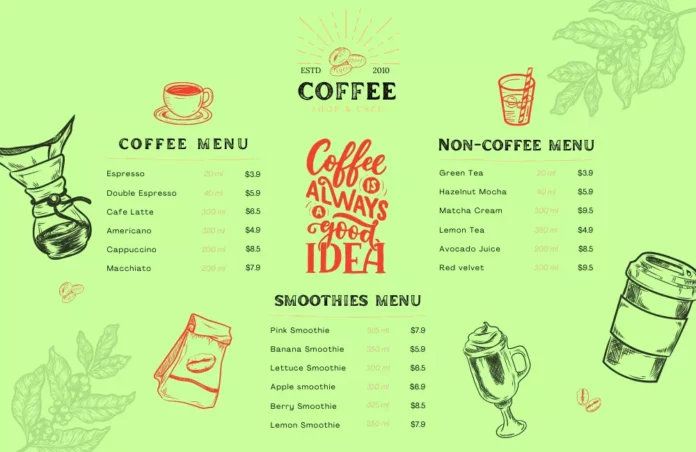 menu quán cafe bình dân